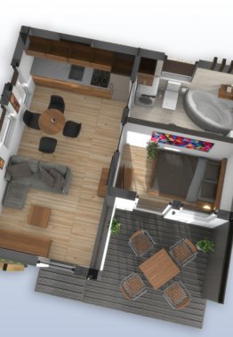 Mobilház variáció konyha - nappali étkezővel, egy szobával, fürdőszobával és közepes méretű terasszal.